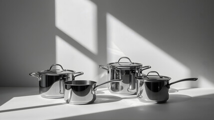 Set of Stainless Steel Cookware with Dramatic Sunlight and Shadows