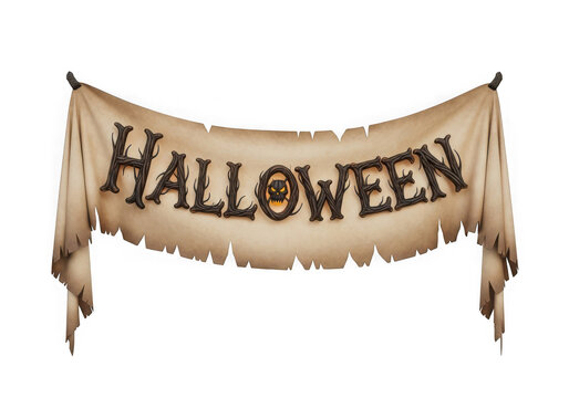 A distressed tattered fabric banner with the word halloween written on it isolated on transparent background