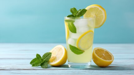 Fototapeta premium Refreshing Lemonade Drink with Ice and Mint Garnish in a Clear Glass on a Calm Summer Day, Perfect for Hydration and Enjoyment