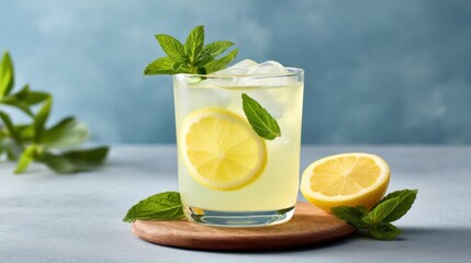 Fototapeta premium Refreshing Glass of Lemonade with Ice and Mint on a Summer Day against a Soft Blue Background