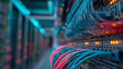 Dense bundles of colored network cables connect electronic hardware within a modern digital facility