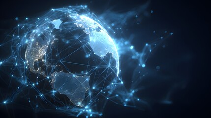 Digital globe visualization surrounded by a glowing network of connecting lines and particles