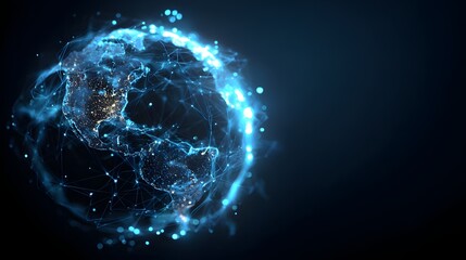 Glowing digital representation of the planet Earth revolves amidst connected data points against a dark background
