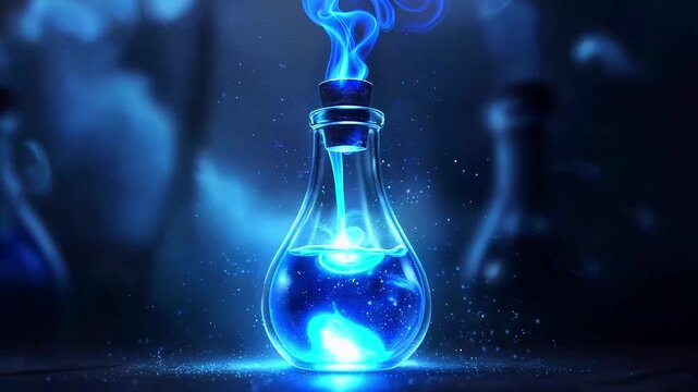 A glowing blue potion bottle with smoke rising from a cork. Sparkles and ambient lighting