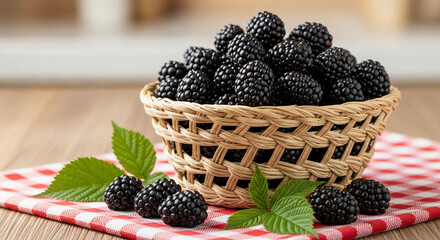 A rustic woven basket overflowing with fresh, ripe blackberries on a red checkered tablecloth, symbolizing a healthy summer harvest