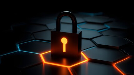 Illuminated padlock rests upon a dark, glowing hexagonal digital platform