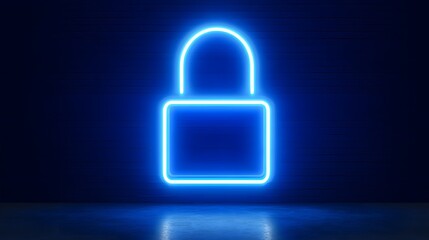 Bright blue neon padlock icon glows against a dark background with a reflective floor