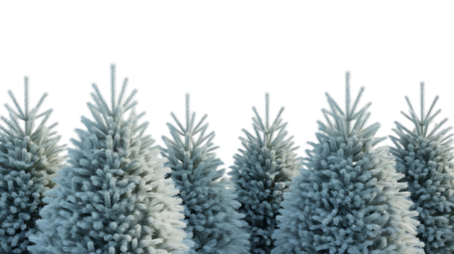 Group of snow covered christmas trees isolated on transparent background in winter
