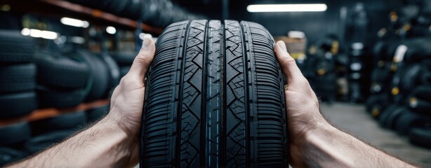 The Tire Held by Hands in a Workshop Displaying New Tread Detail