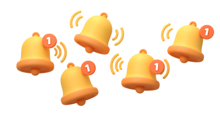 Multiple golden bells with notification icons floating on a black background.