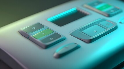 Obraz premium Modern electronic control panel features illuminated interface buttons under soft lighting