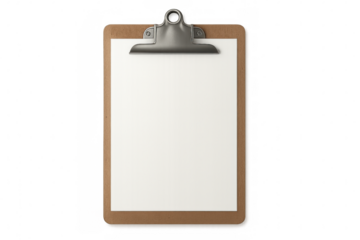 Blank paper on wooden clipboard with silver clip, offering copy space for mockups, planning, or corporate tasks
