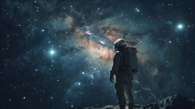 Astronaut standing on rocky surface gazing at a starry galaxy sky