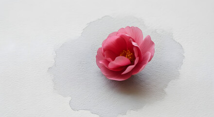 Single pink camellia resting on a soft gray watercolor stain. Elegant, feminine, zen minimalism with tactile paper grain and clear copy space for spa, wellness, fragrance, or beauty branding.