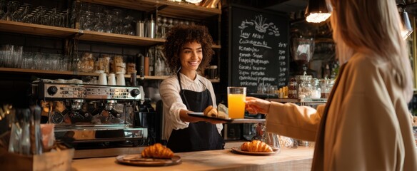 The Barista Serving Pastry And Fresh Juice To A Customer At Cozy Café
