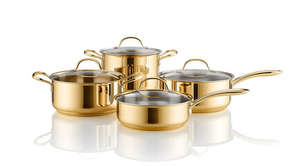 Luxury Gold Cookware Set on White Background with Reflection