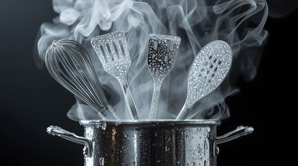 Steaming Hot Pot with Stainless Steel Utensils and Condensation