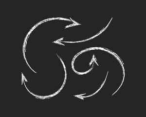 Hand drawn squiggly charcoal arrows vector set. Crayon scribble lines, swirls arrows, scrawls. Doodle marker or chalk drawing on blackboard. Direction pointers. Perfect for infographics, presentations