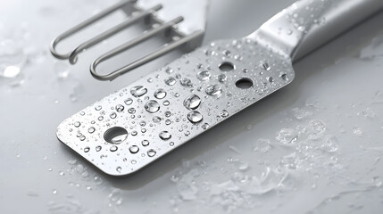 Macro Close-up of Water Droplets on a Stainless Steel Utensil