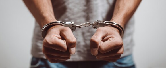 The handcuffed hands of a person wearing casual shirt and jeans, close-up