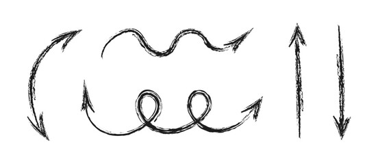 Hand drawn squiggly charcoal arrows vector set. Crayon scribble lines, swirls arrows, scrawls. Doodle black marker or chalk drawing. Direction pointers. Perfect for infographics, presentations