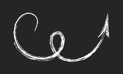 Hand drawn squiggly charcoal arrow. Crayon scribble line, swirl arrow. Doodle black marker or chalk drawing on blackboard. Direction pointer. Perfect for infographics, presentations, banners