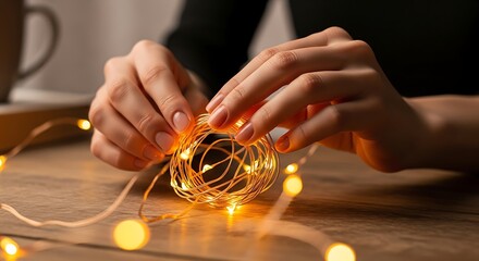 Hands Holding Warm Yellow String Lights in Cozy Indoor Setting