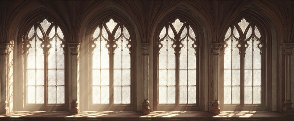The Gothic Arched Windows of a Sunlit Empty Cathedral Hall with Dust Particles