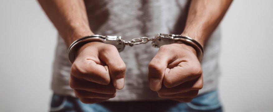The handcuffed hands of a person wearing casual shirt and jeans, close-up
