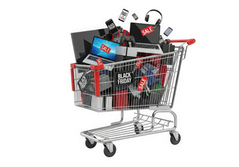 Full shopping cart overflowing with assorted electronics and gadgets isolated on transparent background