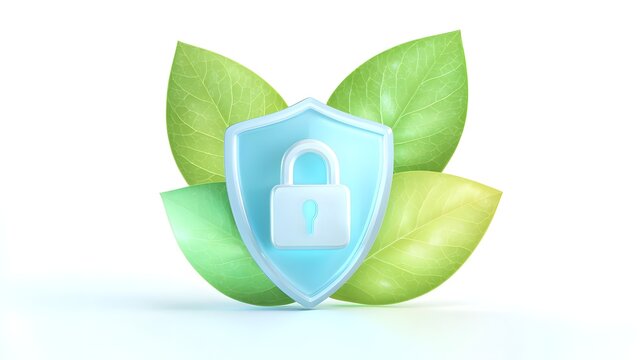Glowing blue shield icon with a closed padlock rests in front of bright green foliage against a white background - Powered by Adobe