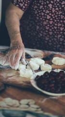 Grandmother making traditional dumplings with cherries, close-up of hands, dough and berries, authentic homemade cooking scene