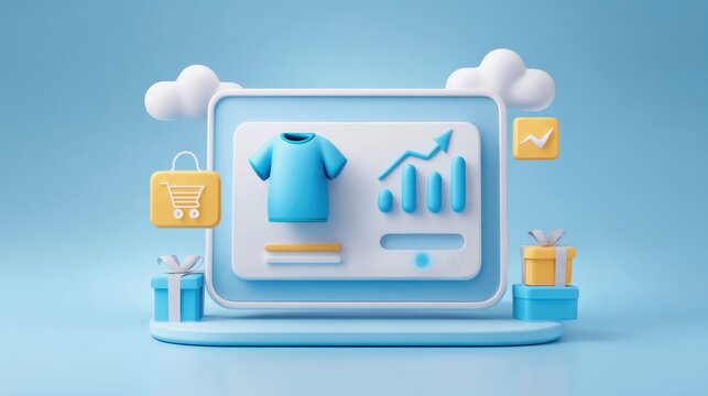 Ecommerce customization ideas. A 3D illustration of an online shopping interface featuring a shirt, shopping cart, graphs, and gift boxes against a blue background.