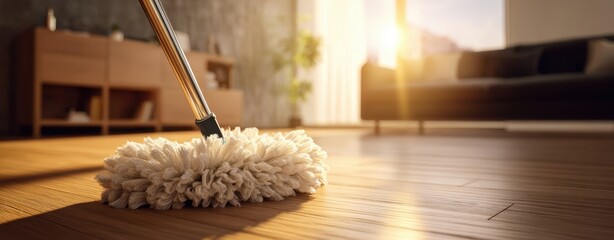 The Mop on Sunlit Hardwood Floor in Modern Cozy Living Room Interior