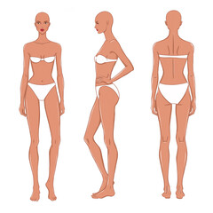 Illustration of a female fashion model shown from front, side, and back views. Perfect for fashion design sketching, garment fitting, croquis drawing, and clothing template creation.