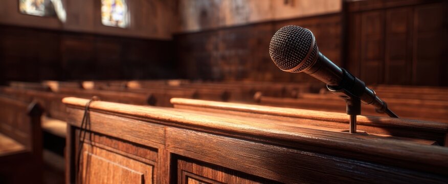 The Microphone on a Wooden Pulpit in an Empty Historic Church Sanctuary
