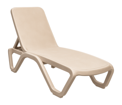 Lightweight, stackable plastic sun lounger with a minimalist design, perfect for small
