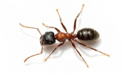 Close-up of a reddish-brown ant with a black head on a white background