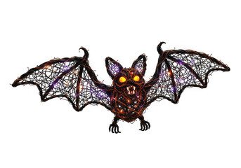 Illuminated halloween bat decoration with glowing eyes and colorful lights isolated on transparent background