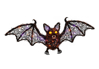 Illuminated halloween bat decoration with glowing eyes and colorful lights isolated on transparent background