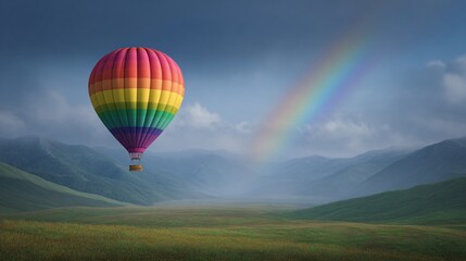 Colorful hot air balloon floating over scenic landscape with rainbow in background nature photography serene environment