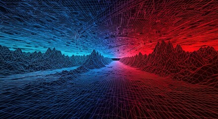 Wireframe landscape with blue and red color gradient effect , trending, fashion, lifestyle