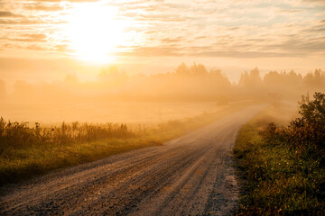 road in the fog at dawn