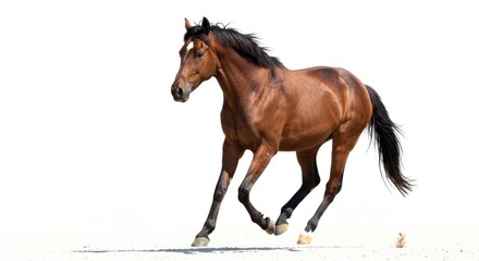 Obraz premium Bay horse running freely across a bright, white expanse