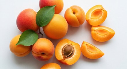 Apricots on a white background, whole and sliced