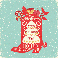 Western Christmas illustration with Cowboy boot filled with gifts, holly, and candy canes