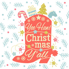 Cowboy Christmas with Cowboy boot silhouette and Christmas lights Holiday decoration on white background with text. This design captures the spirit of country style Christmas