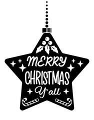 Cowboy Christmas illustration black star silhouette with ornament with “Merry Christmas Y’all” and pine branches, holly berry, snowflakes, and candy canes printable isolated on white background.