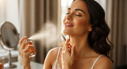 Elegant woman enjoying perfume fragrance spray, feeling refreshed and confident in the morning