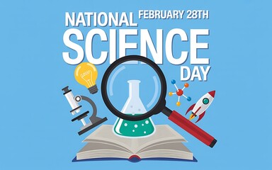 Celebrating national science day february 28th with a magnifying glass over scientific discoveries and instruments